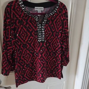 Cathy Daniels Red and Black Sequin Blouse